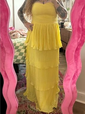 Yellow Strapless Tiered Pleated Maxi Dress